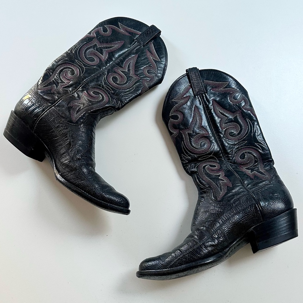 Vintage 1980’s Ostrich Leather Cowboy Boots with Red Stitching by Panhandle Slim